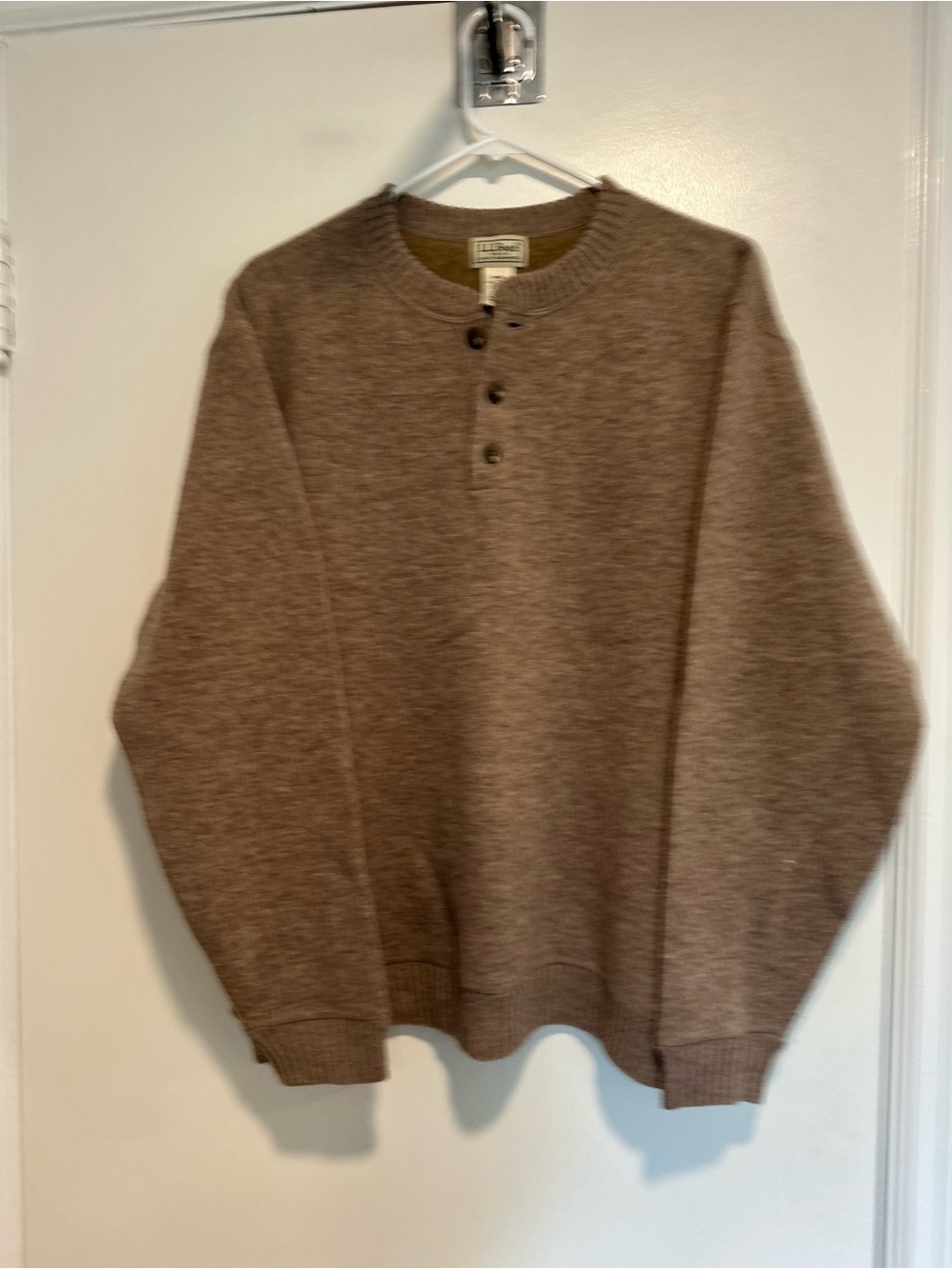 EUC LL Bean brown 100% wool sweater henley Button fleece lined Preppy Minimalist